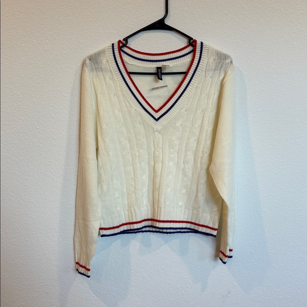 H&M Cream V-Neck Sweater with Red and Blue Trim